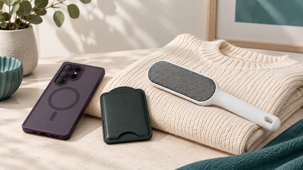 Samsung phone case, magnetic card wallet, and reusable lint brush arranged on a sweater.